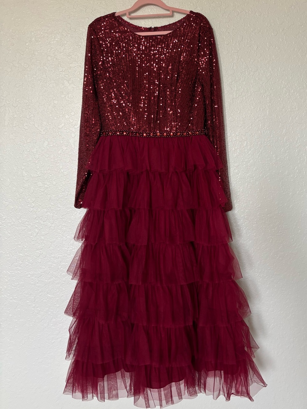 IEENA for Mac Duggal Style 26299 Burgundy Sequin Bodice Tiered Tulle Midi Dress - Picture 2 of 16